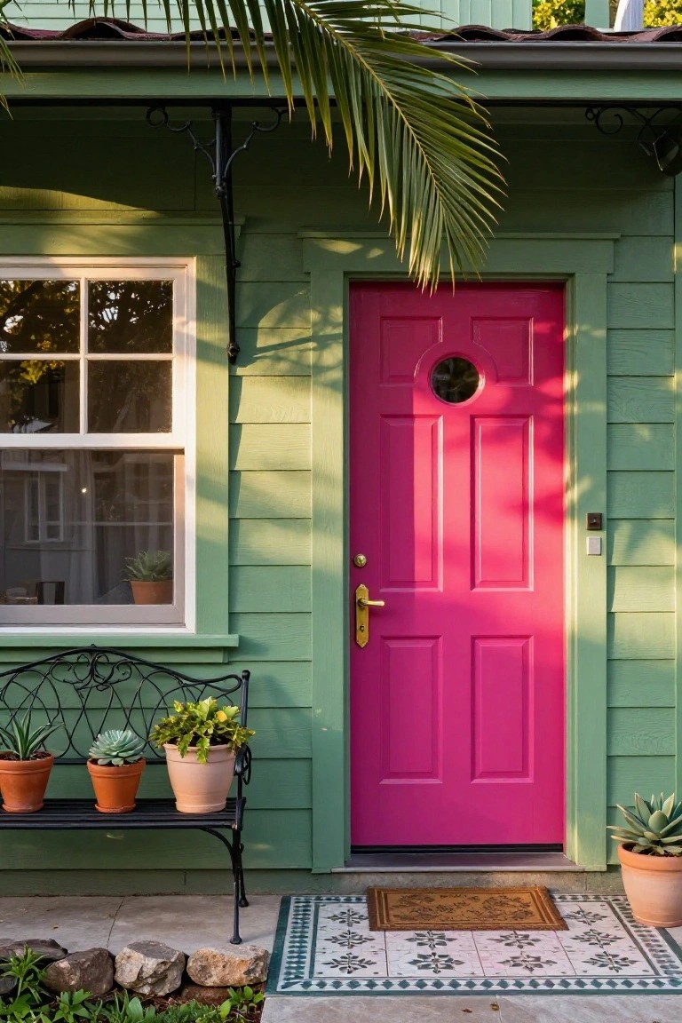 Pink Door on Green Siding