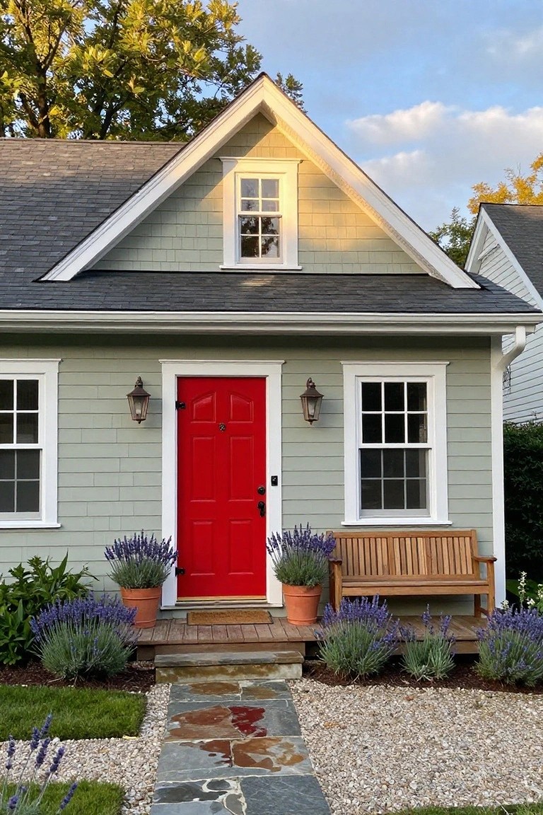Sage green shingle-style house with red front door, flanked by lanterns, lavender pots, wooden bench, and stone path leading to entry porch.