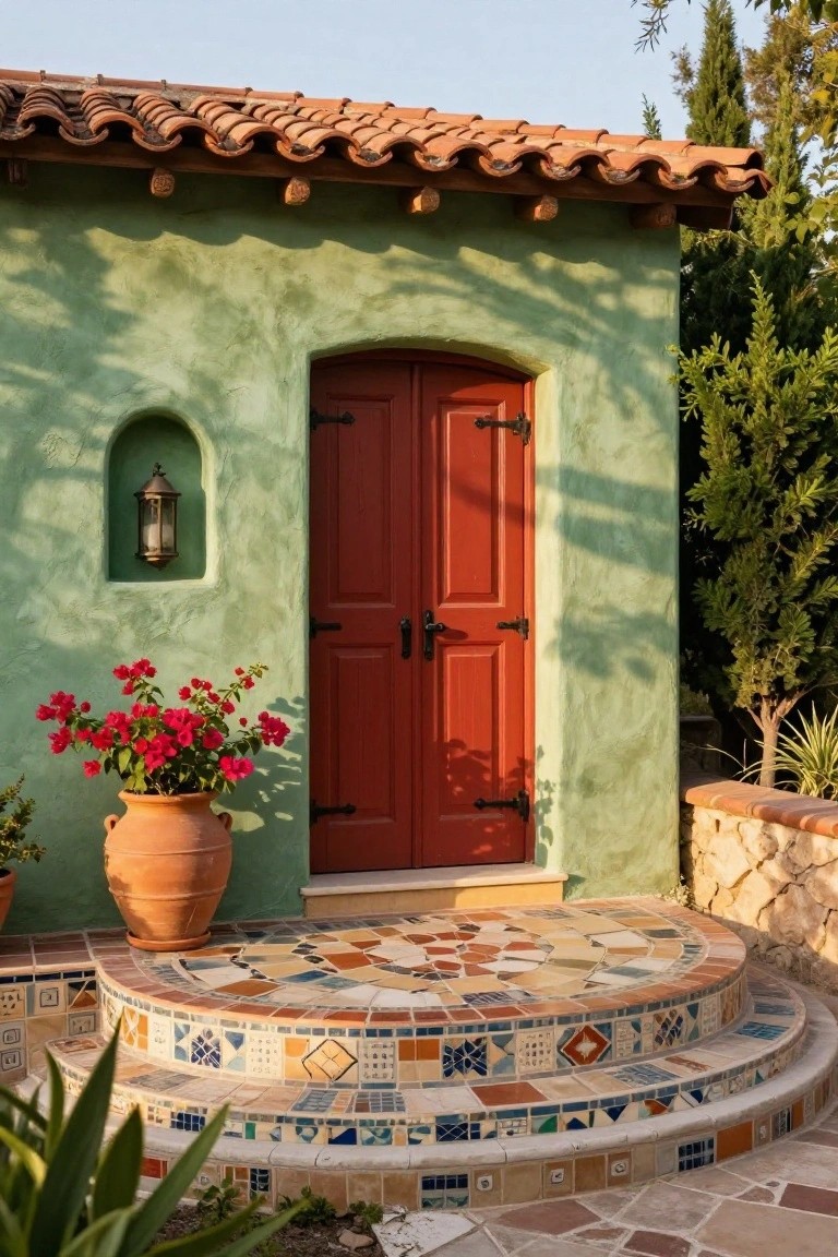 Sage green stucco casita exterior with double red front door, wall lantern in arched niche, red flowering plant in terracotta pot beside colorful mosaic tiled entry steps, and surrounding plants and trees.