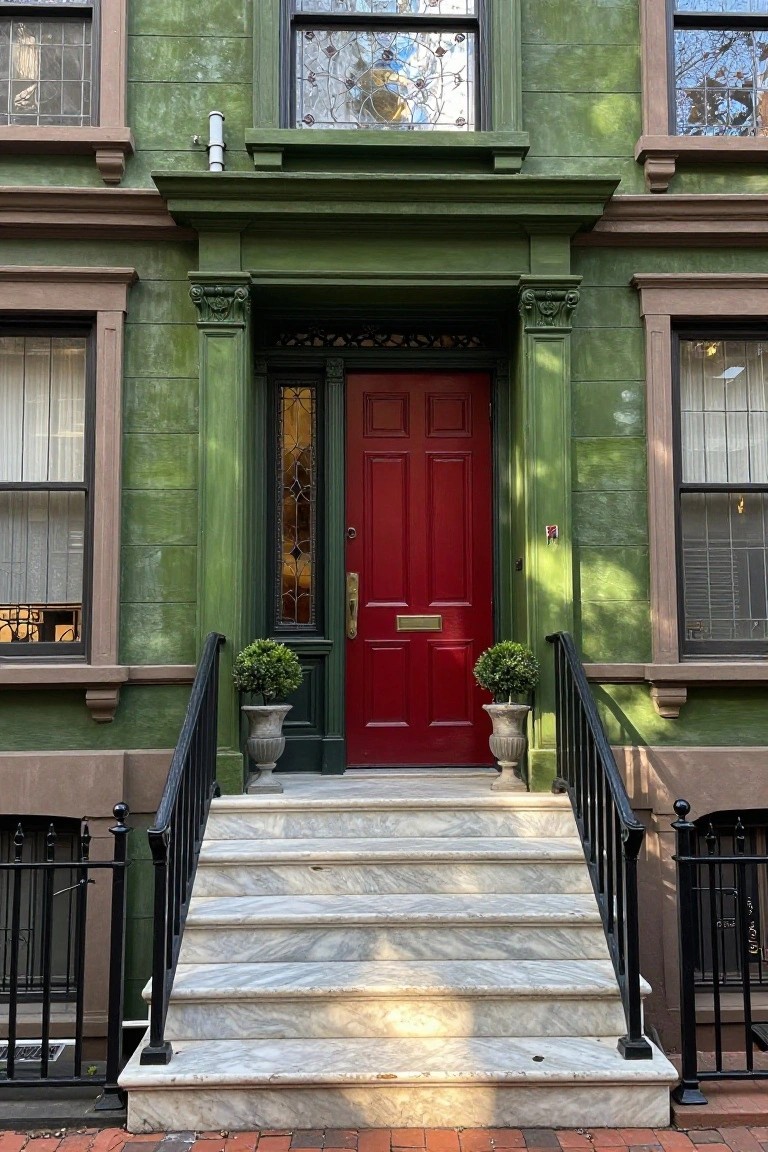 Green painted townhouse facade with stained glass sidelight, glossy red paneled front door, potted topiary plants on marble stoop with black iron railing and brick sidewalk.