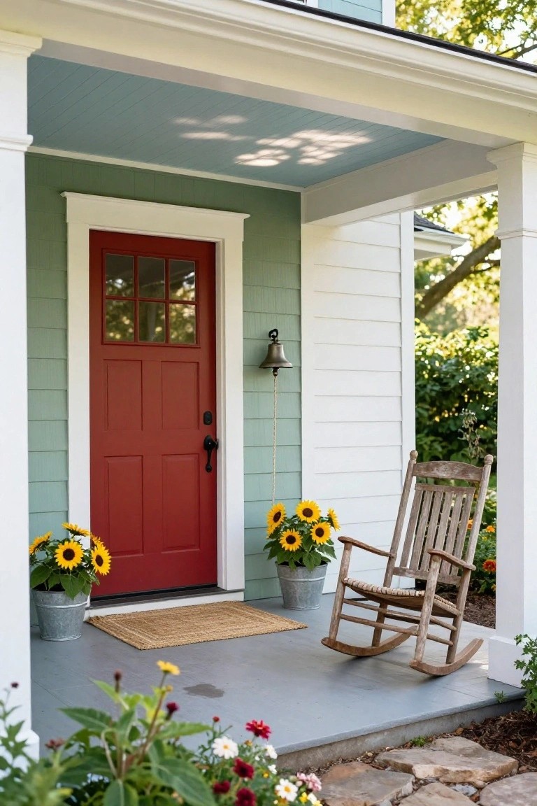 Front porch of a house painted sage green with white trim, featuring a red paneled door with nine glass panes, two galvanized buckets of sunflowers flanking the entry, a wooden rocking chair, seagrass mat, and hanging bell light on a gray concrete porch.