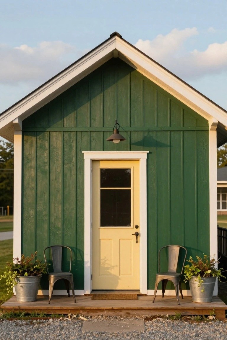 Small green vertical board-and-batten shed house with white trim and gabled roof, yellow paneled front door with window, wall lantern, two black metal chairs flanking potted plants on wooden porch steps over gravel ground