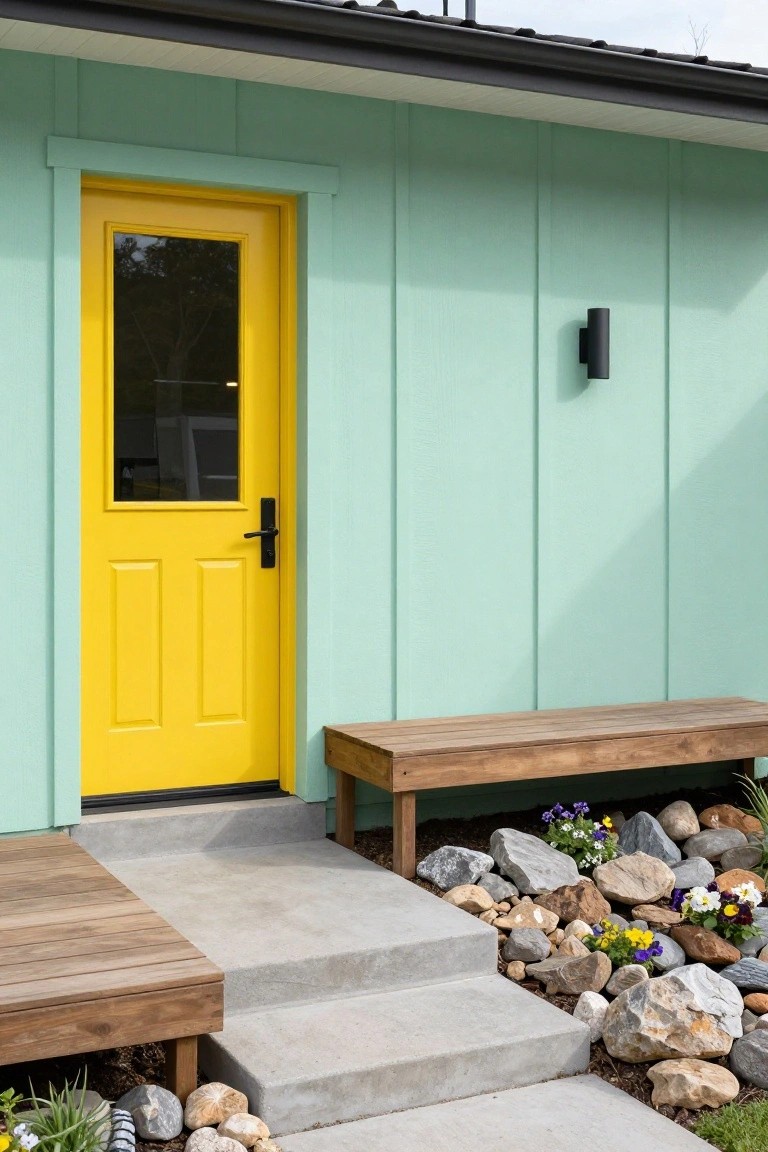 Mint green board-and-batten sided house exterior featuring a yellow paneled front door with glass panel, black hardware, flanked by wooden benches, concrete steps, and a rock garden with purple and yellow flowers.