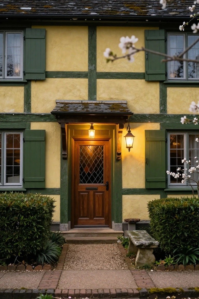 Yellow half-timbered house with green-painted timbers and shutters flanking a wooden front door with latticed glass panel, lit by two lanterns, boxwood hedges and stone bench at the entrance.