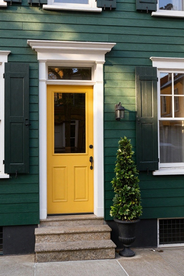 Green shingled house exterior with dark green shutters, white trim around a yellow paneled front door, stone entry steps, wall-mounted lantern, and potted topiary plant beside the door.