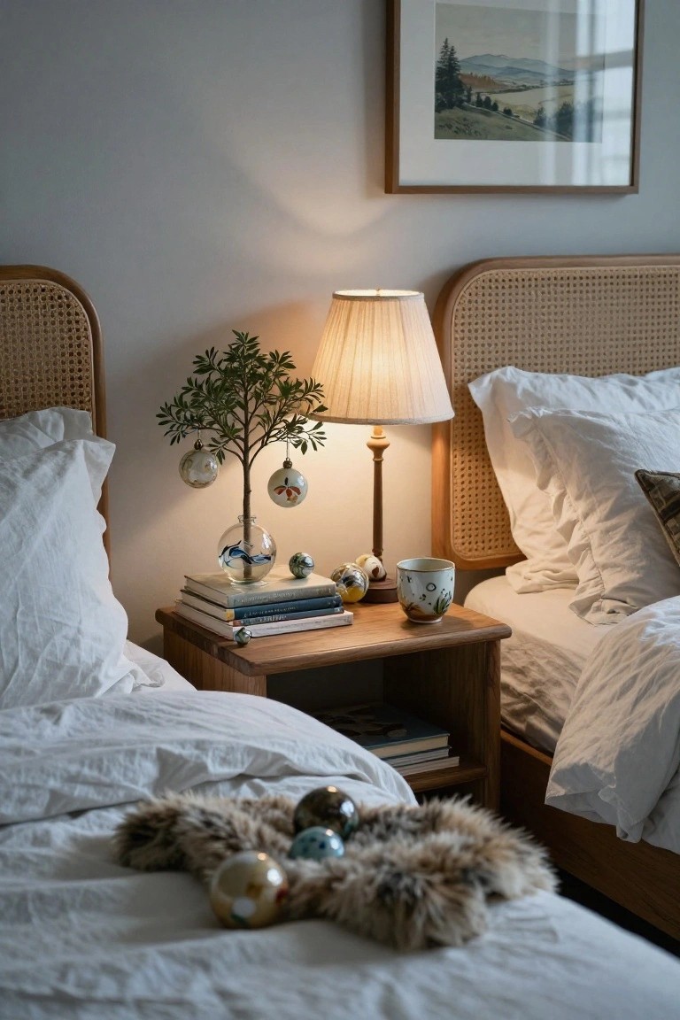 Cozy bedroom with two rattan headboard beds, white bedding, wooden nightstand holding stacked books, lamp, teacup, small potted tree with hanging glass Christmas ornaments, and fur throw with ornaments on one bed.