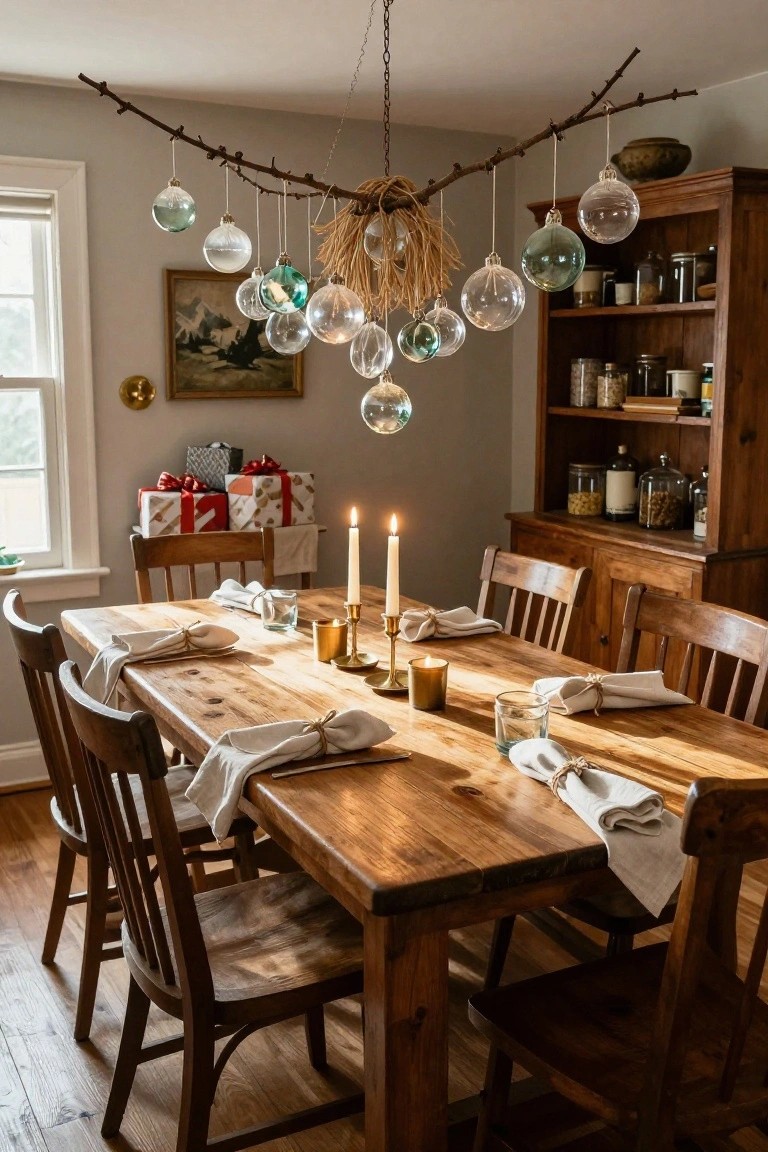 Dining room with a wooden table set with linen napkins, brass candlesticks, and glasses, under a chandelier of branches and seagrass holding various clear and colored glass Christmas ornaments, wooden chairs around the table, and a wooden hutch with jars against a light gray wall.