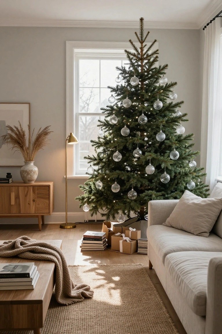 Living room with a Christmas tree decorated in clear glass ball ornaments, a light gray sofa with beige cushions, wooden furniture, potted pampas grass, and wrapped gifts on the floor.