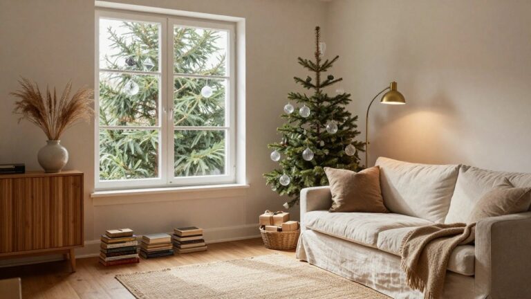 22 Glass Christmas Ornament Ideas That Sparkle on Every Branch Living room with a Christmas tree decorated in clear glass ball ornaments, a light gray sofa with beige cushions, wooden furniture, potted pampas grass, and wrapped gifts on the floor.