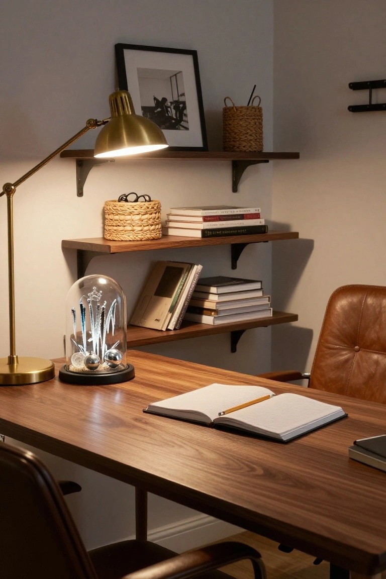 Wooden desk in a home office with glass cloche containing blue reed-like ornaments and silver balls, open notebook, pencil, books on wall shelves, leather chair, and brass lamp.