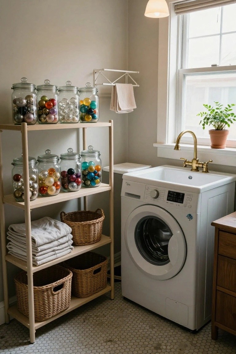 Wooden open shelving unit in a laundry room holding glass jars filled with colorful Christmas ornaments, positioned next to a white front-loading washing machine and white utility sink with gold faucet.