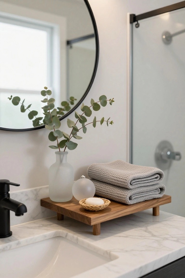 Modern bathroom vanity with white marble countertop, black faucet, wooden tray holding gray towels, soap in woven dish, and clear glass orb, frosted glass vase with eucalyptus branches nearby, round black mirror, and glass shower enclosure.