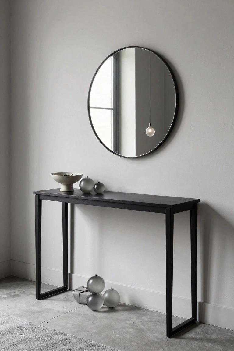 Black console table with decorative bowls and glass ornaments, large round mirror above.