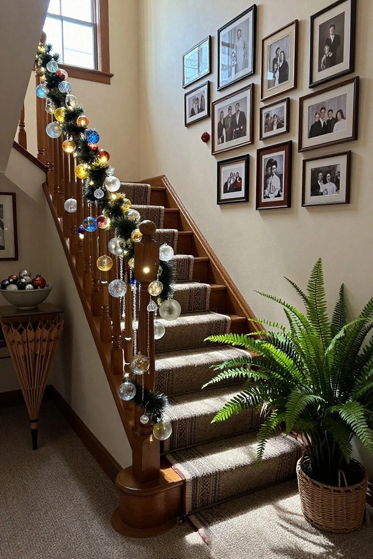 Wooden staircase with beige carpet, decorated with green garland, strings of colorful glass Christmas ornaments hanging from the railing, family photos in frames on the wall, a bowl of ornaments on a side table, and a potted fern nearby.