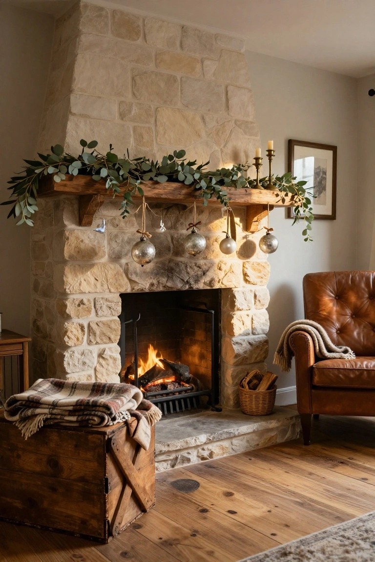 Stone fireplace with wooden mantel draped in eucalyptus garland and hanging silver glass ornaments on twine, next to a tan leather armchair with cream throw and wooden crate holding plaid blankets on hardwood floor.