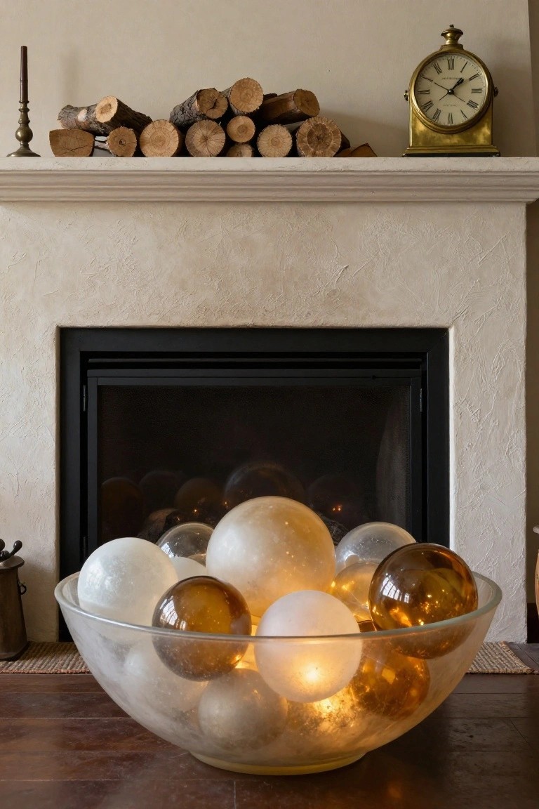 A large clear glass bowl filled with clear, white, and amber glass orbs sits on a wooden floor in front of an unlit fireplace, with a textured mantel above holding stacked firewood, a brass clock, and a candlestick.