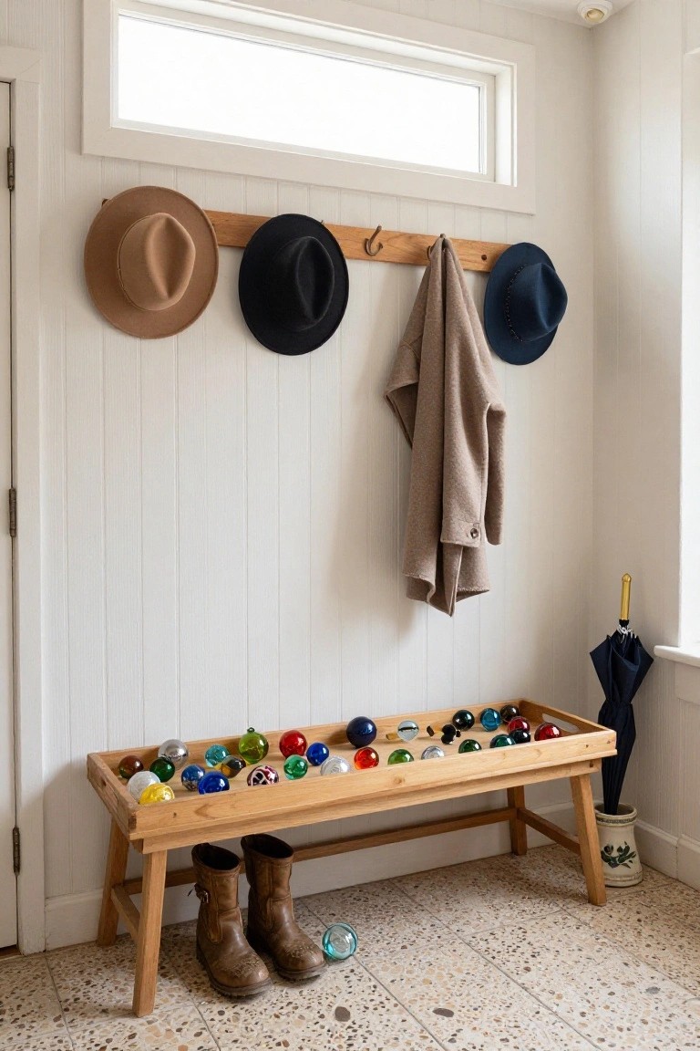 Entryway bench made of wood holding a shallow wooden tray filled with assorted colorful glass Christmas ornaments, tan and brown leather boots beside it, hats on wooden hooks above, a beige coat draped nearby, and a black umbrella in a stand.