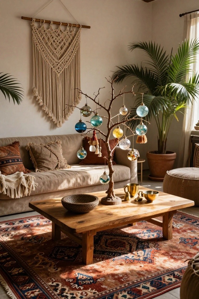 Cozy living room corner featuring a beige sofa, wooden coffee table with woven bowl and brass items, potted palm plants, macrame wall hanging, and a natural branch tree stand decorated with colorful glass Christmas ornaments.