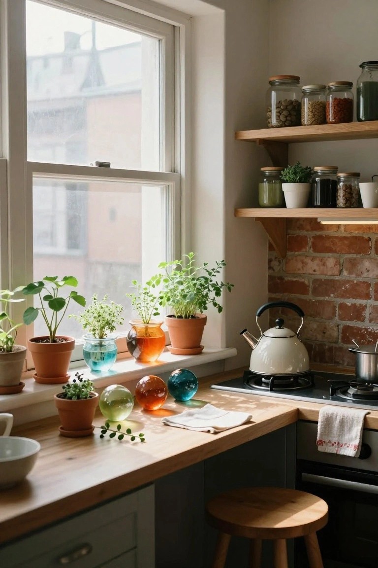 Kitchen corner with wooden countertop, white bowl, small potted plants and colorful glass orbs on windowsill, white kettle on gas stove, brick backsplash, and shelves holding jars above.