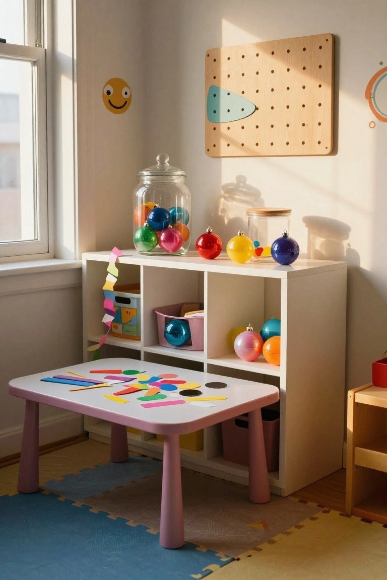 Child's playroom featuring a white cubby shelf with colorful glass Christmas ornaments in a large clear jar, additional ornaments on shelves and in bins, pink play table, and blue foam floor mats.