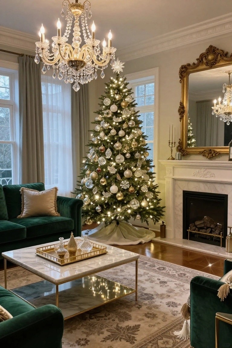 Elegant living room with emerald green velvet sofas, white marble fireplace, lit Christmas tree decorated with clear glass and gold ornaments, crystal chandelier, ornate gold mirror, and beige rug.