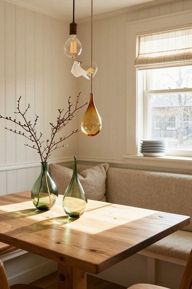 Sunlit breakfast nook interior with wooden table topped by two green glass vases containing bare branches, amber teardrop pendant lights hanging above, beige bench seating along one side, and stacked white plates on a windowsill.