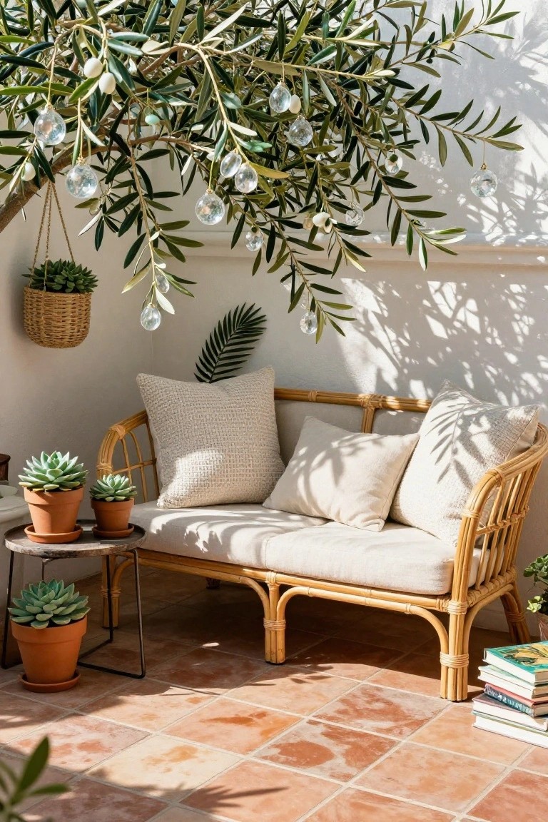 Rattan loveseat with beige cushions on terracotta tile patio under olive tree branches draped with clear glass Christmas ornaments and hanging plants, with potted succulents on a side table and floor.