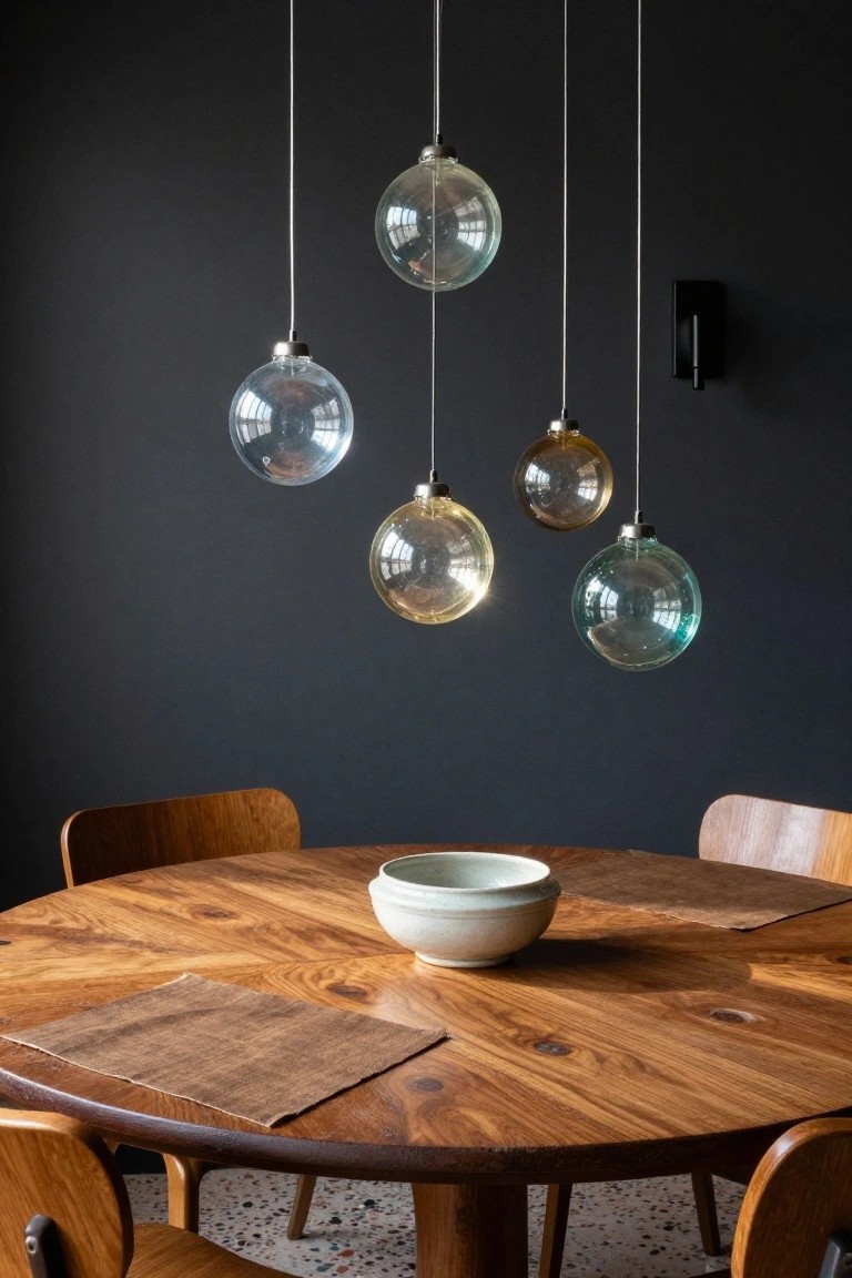 Round wooden dining table with a white bowl in a room under multiple hanging clear and tinted glass orb pendant lights against dark walls.