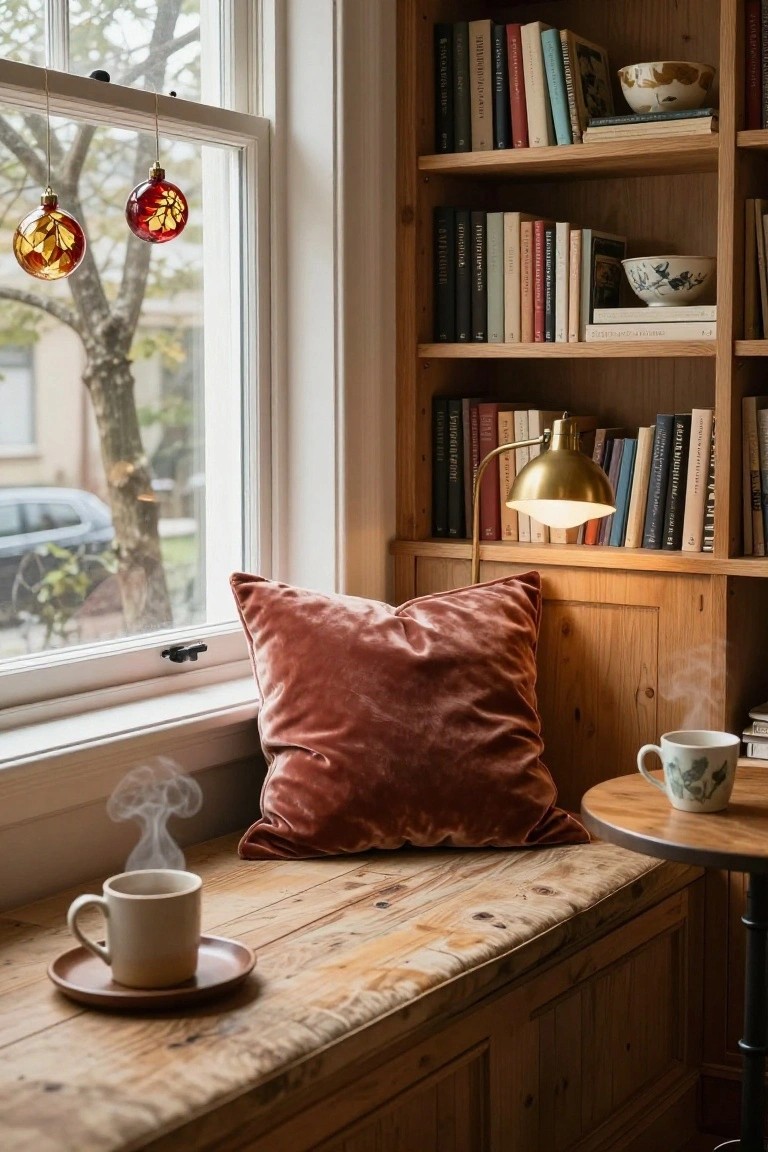Cozy indoor window seat with wooden bench and storage, surrounding bookshelves filled with books, rust-colored velvet pillow, white mug of steaming tea on a saucer, brass lamp, and two hanging glass Christmas ornaments near the window overlooking a tree and street.
