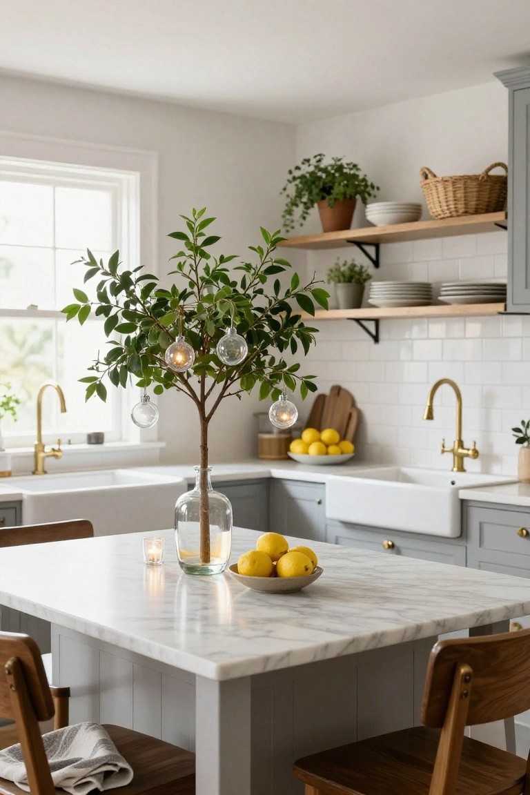 A small potted tree with green leaves in a clear glass vase on a marble kitchen island, decorated with several hanging clear glass Christmas ornaments, next to a bowl of lemons and a lit candle, in a white and gray kitchen with wooden chairs.