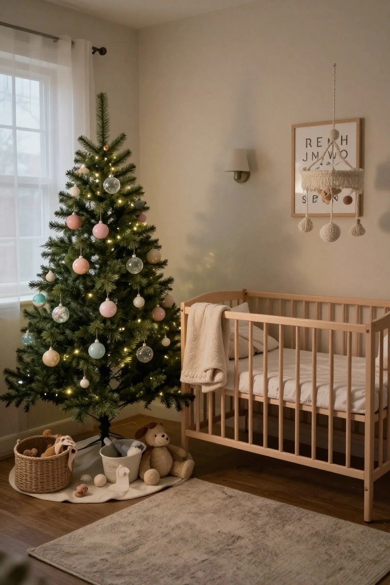 A small lit Christmas tree decorated with pastel glass ornaments stands next to a wooden crib in a beige nursery room with stuffed animals on the floor.