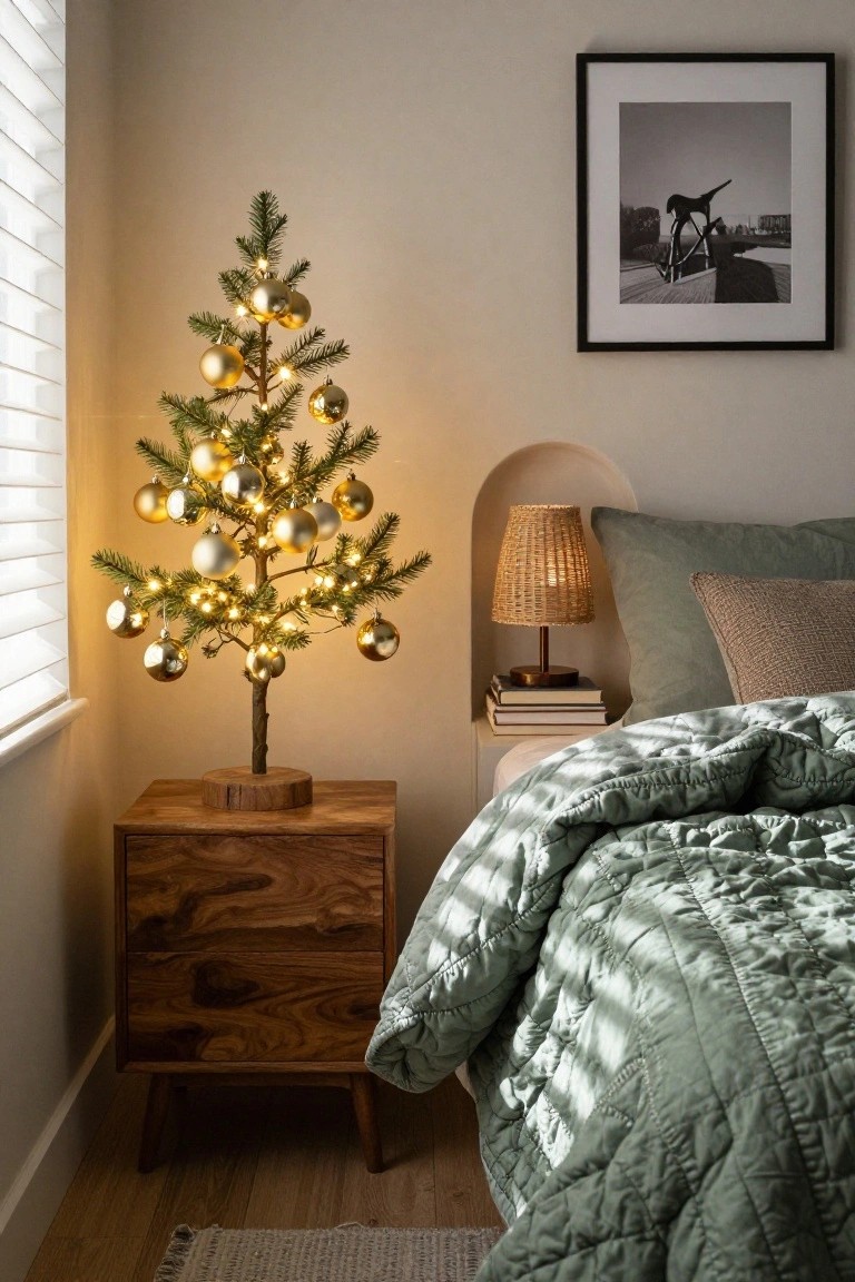 A small potted Christmas tree decorated with gold baubles and string lights stands on a wooden nightstand next to a bed with green quilted bedding, rattan lamp, and neutral room decor.