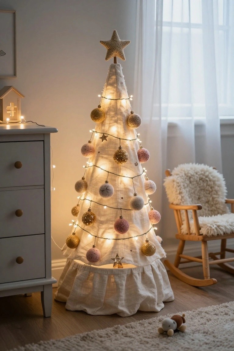 White fabric cone-shaped Christmas tree topped with a starfish, decorated with gold beaded and metallic ornaments, pink pom-poms, and fairy lights, standing in a light nursery room beside a white dresser, rocking chair, and stuffed toys on a rug.