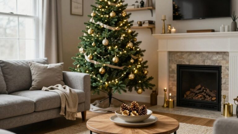Living room with a Christmas tree decorated in gold ornaments and ribbons, lit with warm lights next to a stone fireplace, gray sofa, and wooden coffee table.