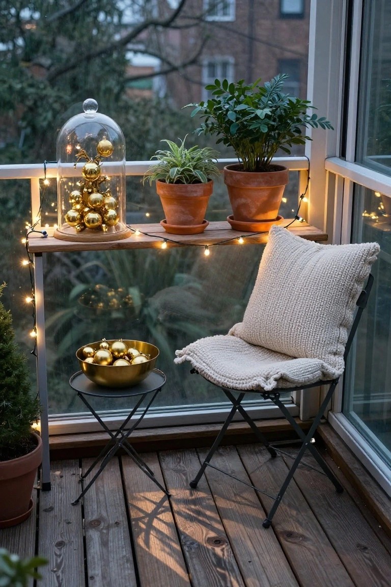 Balcony corner featuring a wooden shelf on a glass railing with potted plants, a glass dome over clustered gold Christmas ornaments, string lights, a small metal table holding a bowl of gold baubles, a cushioned chair, and additional potted plants on a wooden deck floor.