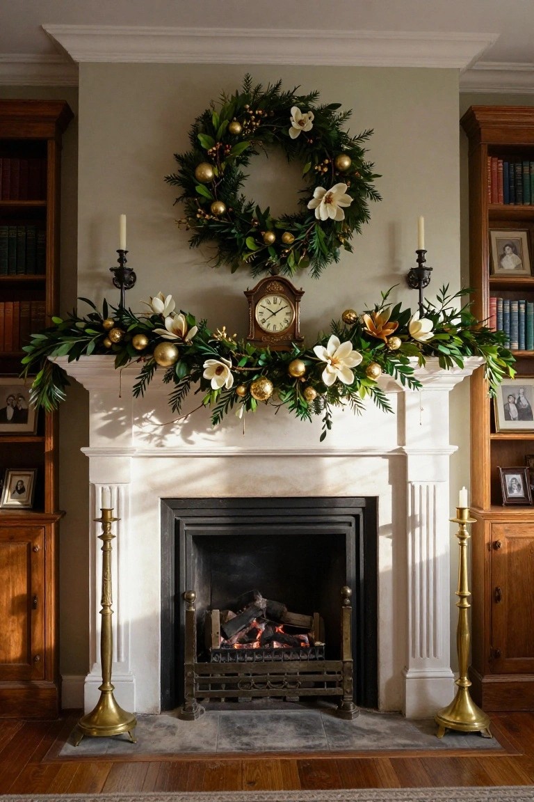 A white fireplace mantel in a library room decorated with a garland of green foliage, white magnolia flowers, and gold Christmas baubles, with bookshelves and brass candlesticks on either side.