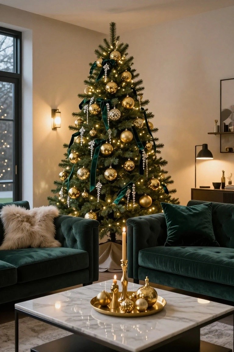 A Christmas tree decorated with large gold baubles, green velvet ribbons, and white lights stands in a modern living room corner next to two green velvet tufted sofas and a white marble coffee table holding gold decorative items and candles.