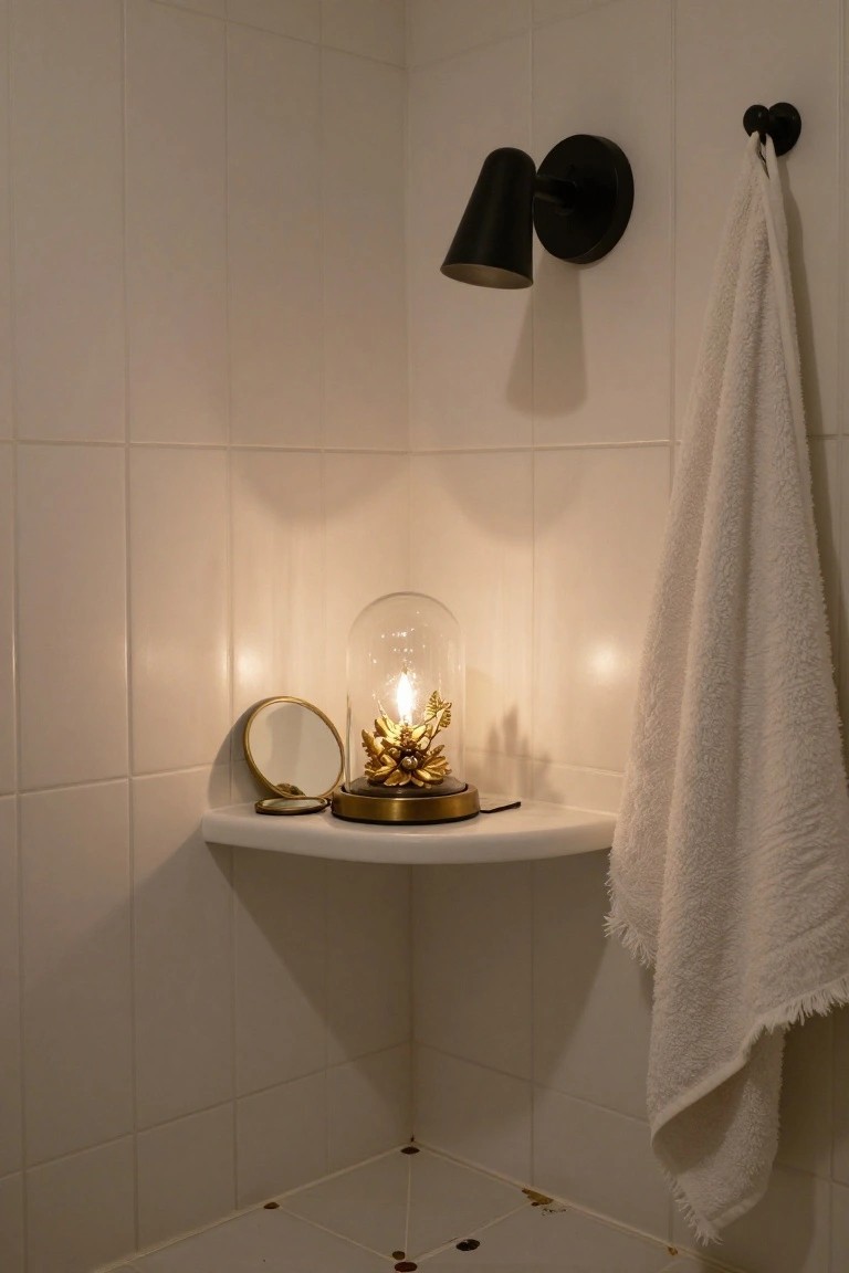 Corner shelf in a white tiled bathroom holding a glass-domed gold leaf lamp with exposed bulb and small round mirror, white towel hanging on wall hook, black wall sconce above.