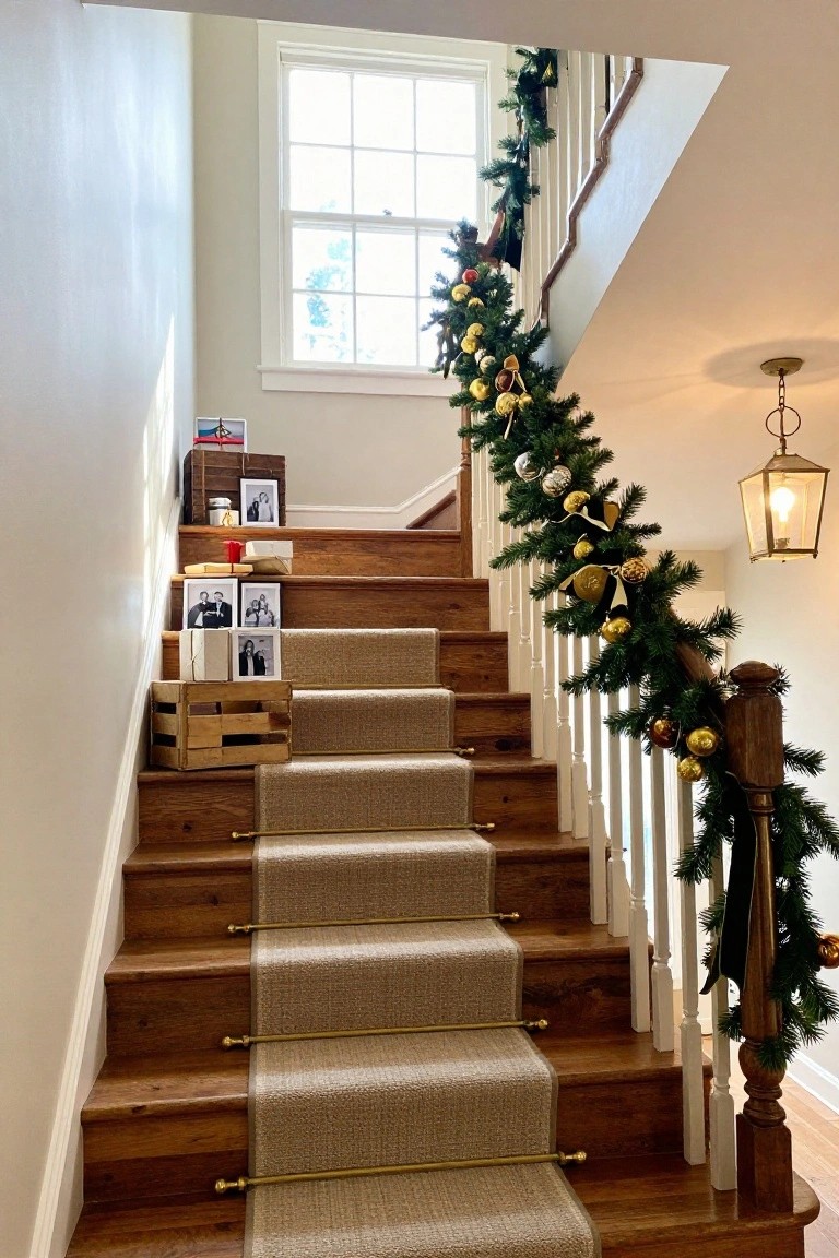 Wooden staircase with beige carpet runner and brass stair rods, decorated with green garland and gold ornaments draped along the white railing, wooden crates holding framed photos and gifts on the lower steps, beside a tall window and brass lantern light.