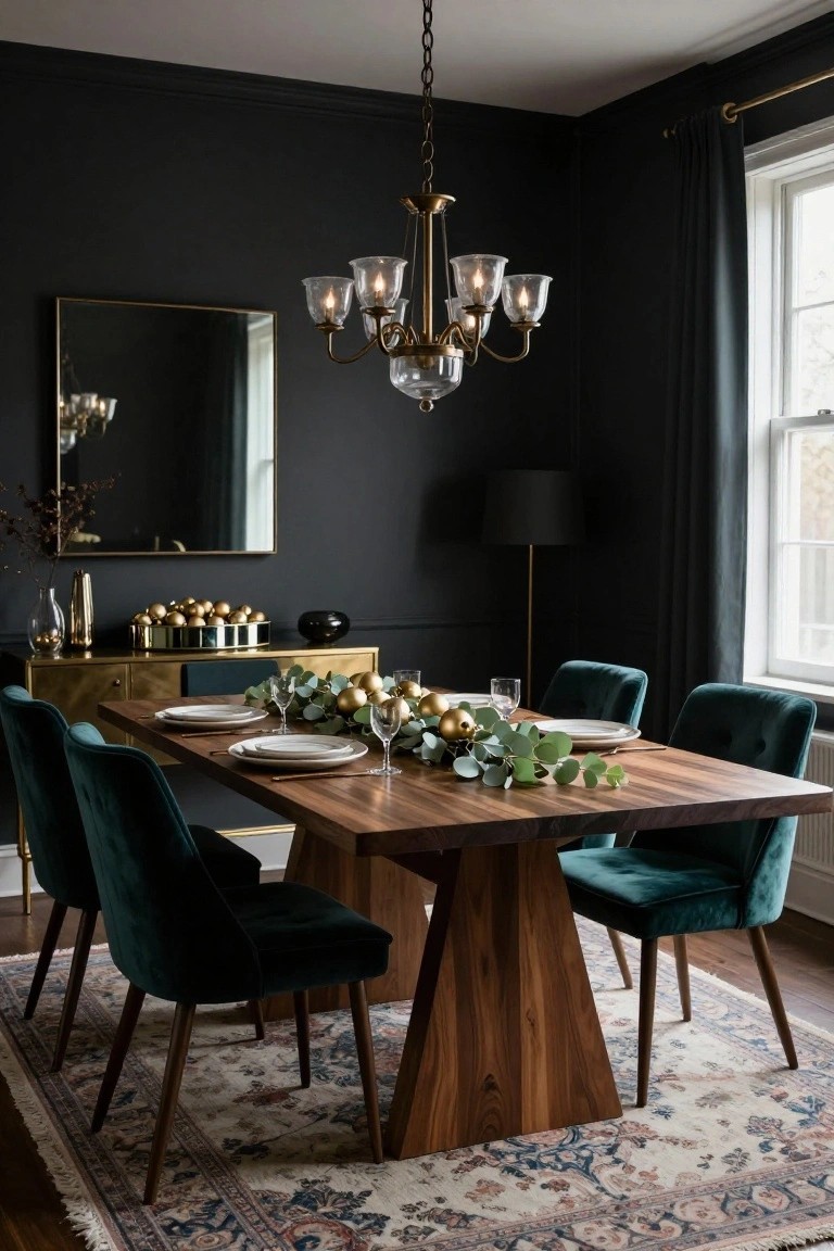 Dining room with dark walls, brass chandelier, gold-framed mirror, walnut trestle table set with white plates and gold ornament eucalyptus centerpiece, emerald green velvet chairs, brass sideboard, and patterned rug.
