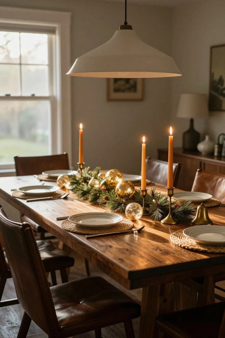 Dining room table set with white plates on woven placemats, a centerpiece garland of pine branches and gold Christmas ornaments, flanked by orange taper candles in brass holders.