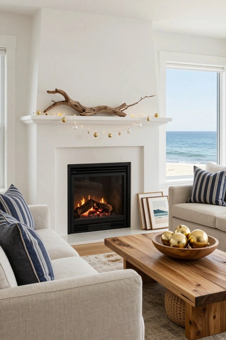 Living room with white fireplace, driftwood and gold string lights on mantel, beige sofa with navy pillows, wooden coffee table holding wooden bowl of gold Christmas ornaments, large window with ocean view.