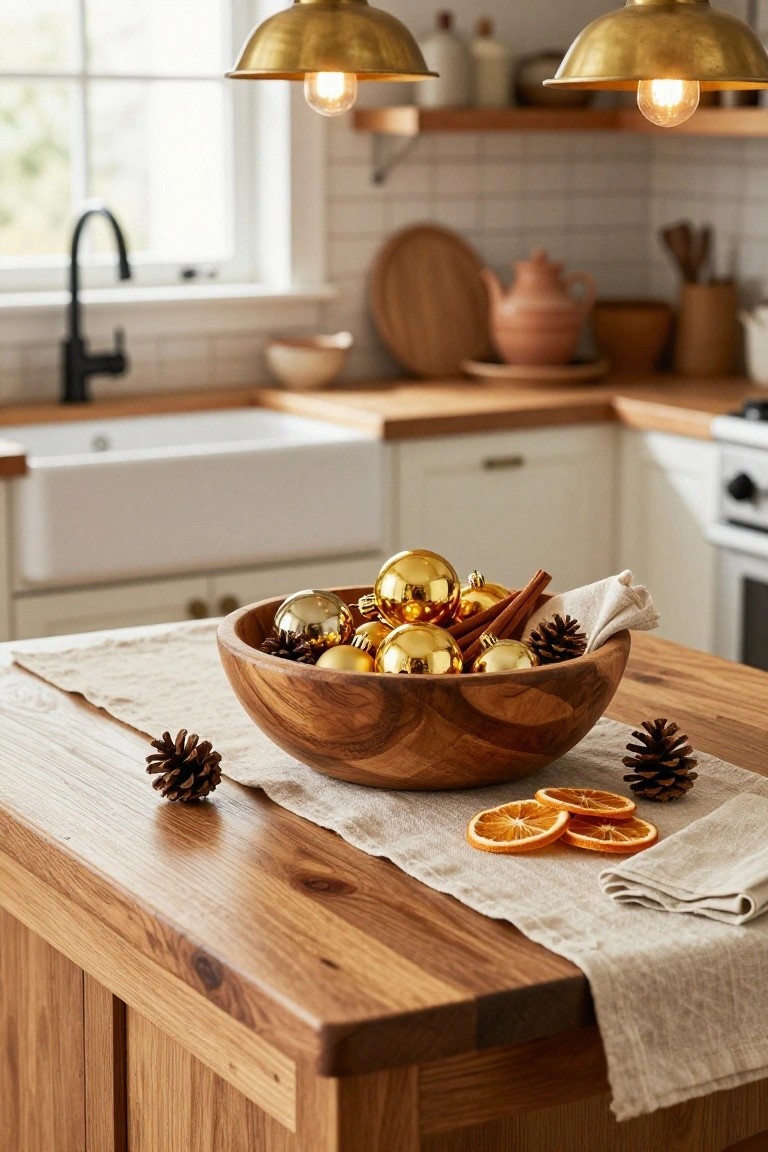 Wooden bowl on a wooden kitchen island filled with gold Christmas ornaments, cinnamon sticks, pinecones, and dried orange slices, with a beige linen runner nearby.