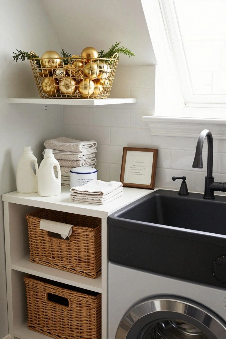 Laundry room featuring a gold wire basket filled with gold Christmas ornaments on a white shelf above a black sink, with white detergent bottles, stacked white towels, wicker baskets, and a white washer visible.