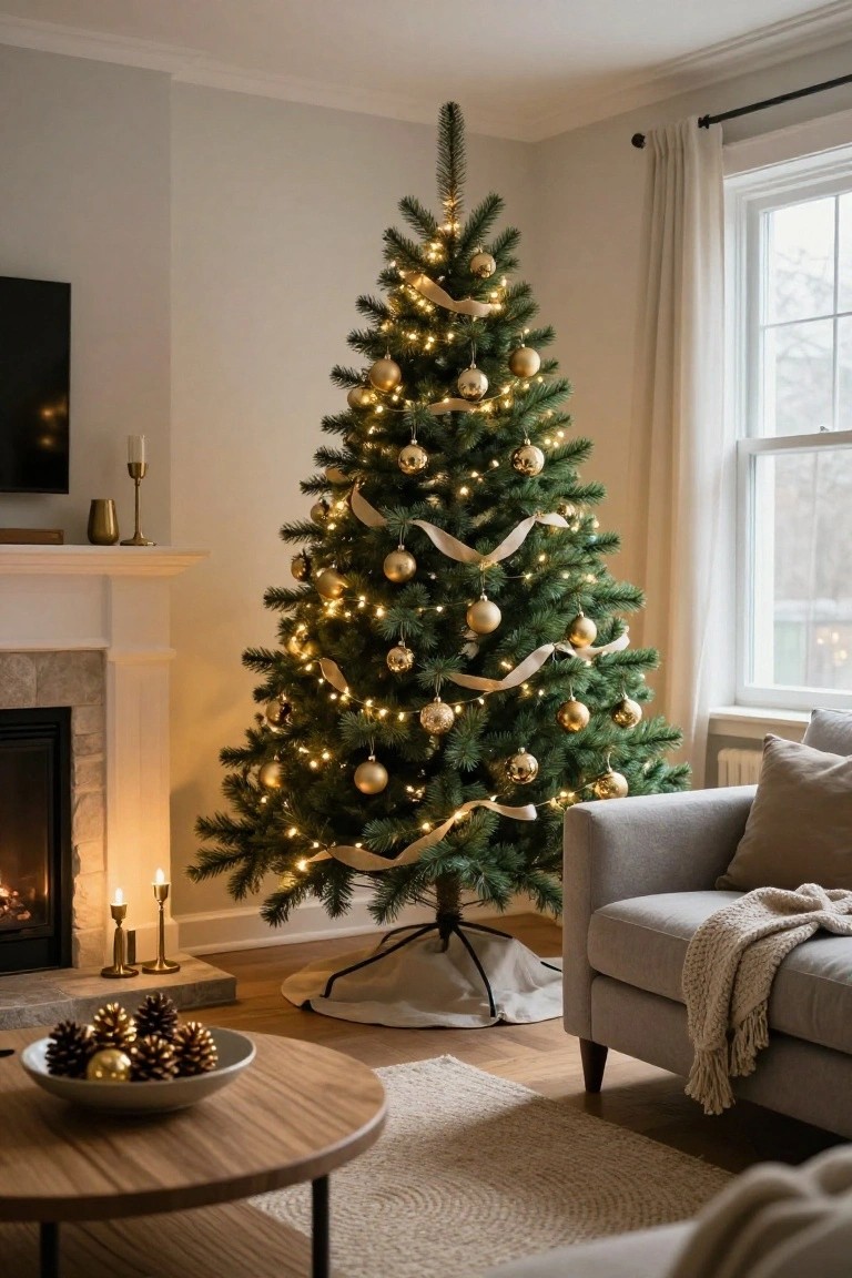 Living room with a Christmas tree decorated in gold ornaments and ribbons, lit with warm lights next to a stone fireplace, gray sofa, and wooden coffee table.