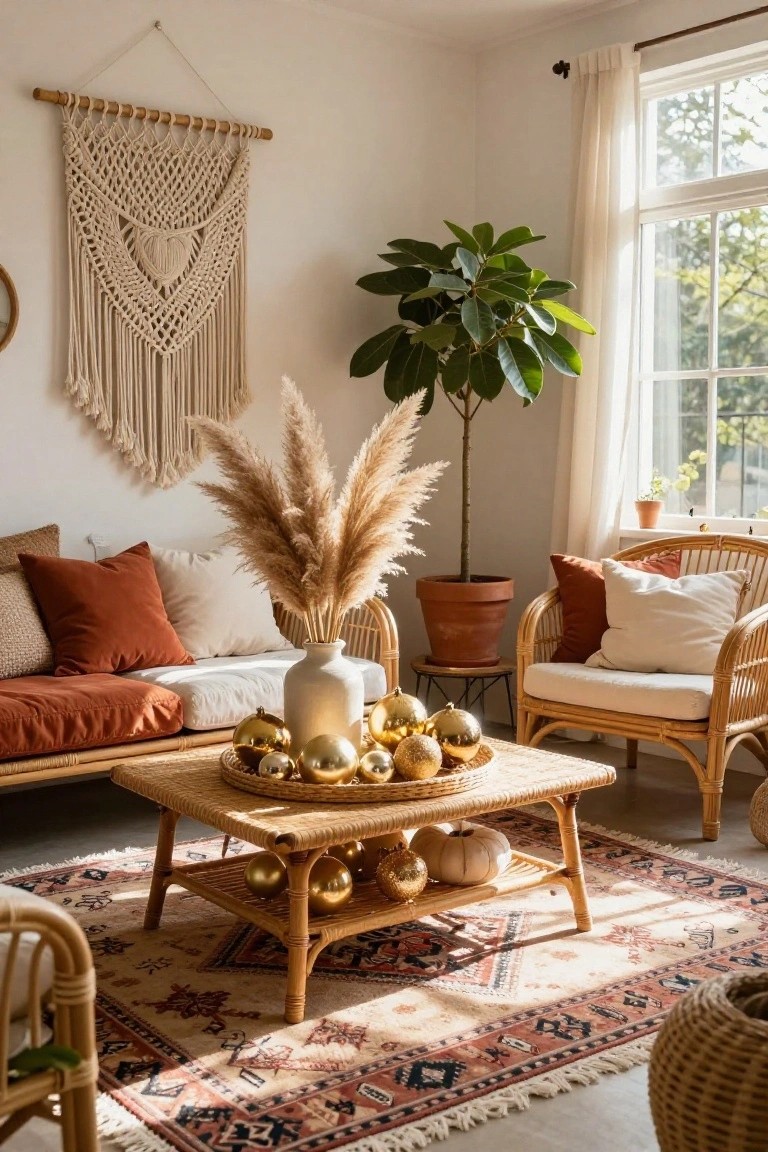 Cozy living room with rattan furniture, gold ornaments, pampas grass, and a leafy plant.