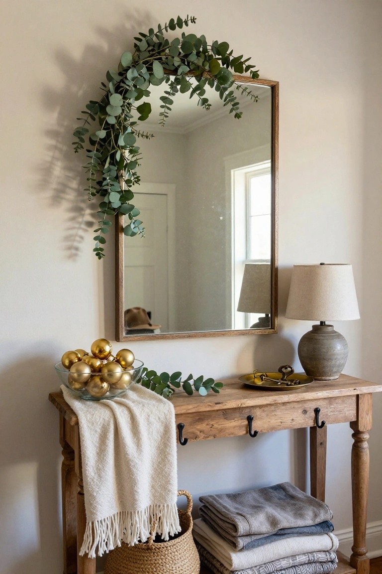 Arched wood-framed mirror draped with eucalyptus garland above a rustic wood console table holding a glass bowl of gold Christmas ornaments, a ceramic lamp, vase, tray with keys, white throw blanket, stacked gray and white blankets, and a woven basket on a light wall in an entryway.