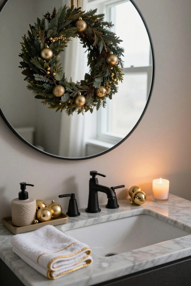 Round black-framed mirror with green wreath and gold ornaments above marble bathroom vanity featuring black faucet sink, gold Christmas balls on tray, soap dispensers, white towels with gold trim, and white candle.