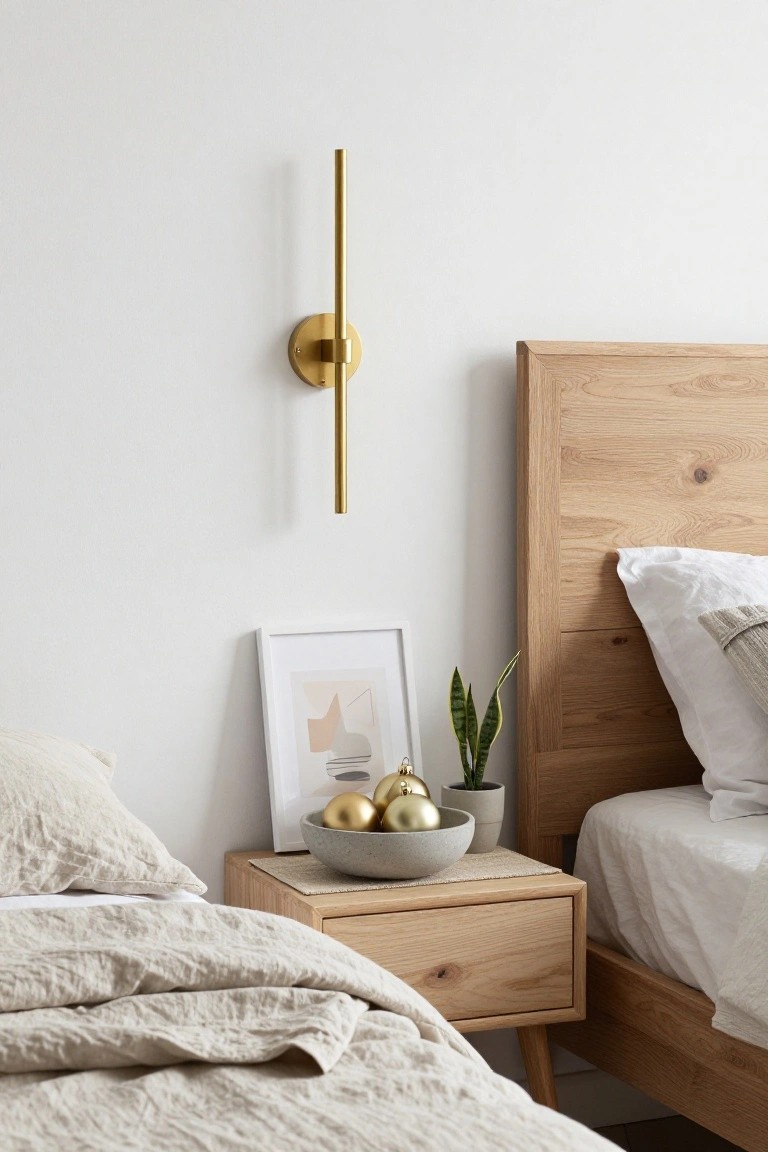 Bedroom nightstand made of oak wood holding a white ceramic bowl with three gold Christmas ornaments, a potted snake plant, and a framed abstract print, next to an oak bed with beige linen bedding and pillows, with a tall gold wall light mounted on the white wall nearby.