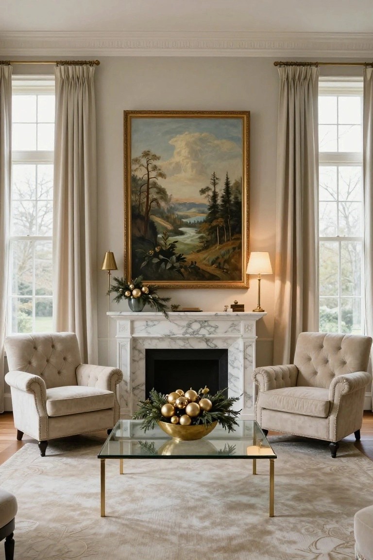 Elegant living room with light beige walls, tall windows with cream drapes, large gilded landscape painting over marble fireplace mantel holding greenery and gold Christmas ornaments, two cream tufted armchairs flanking glass coffee table with gold bowl of ornaments and greenery, cream rug on wood floor.